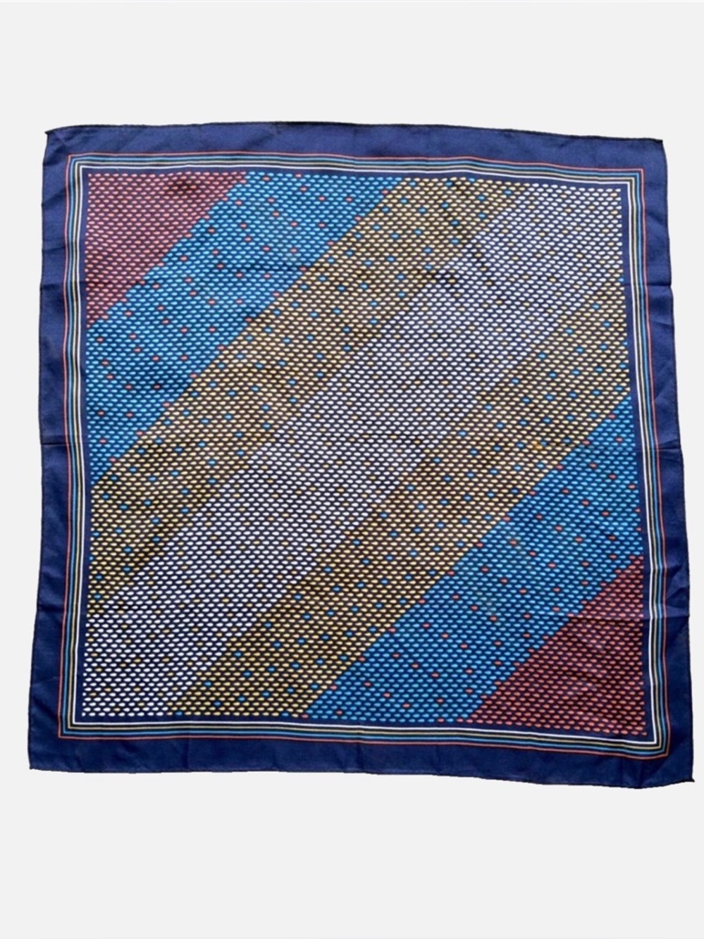 Vintage Square Scarf Navy Blue Geometric Stripe Head Neck Hair Retro
